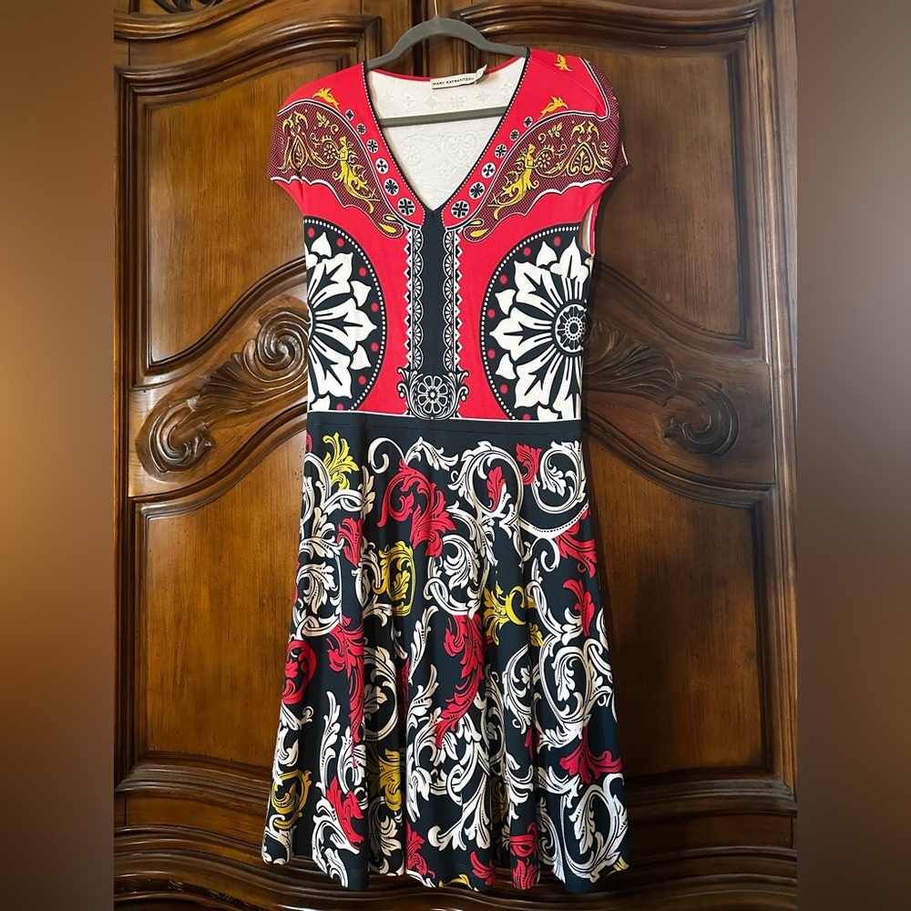 MARY KATRANTZOU Red and Cream Patterned Jersey Dress